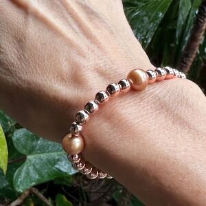 Rose Gold-Filled Beaded Stretch Bracelet Champagne Freshwater Pearl Accents 6.75